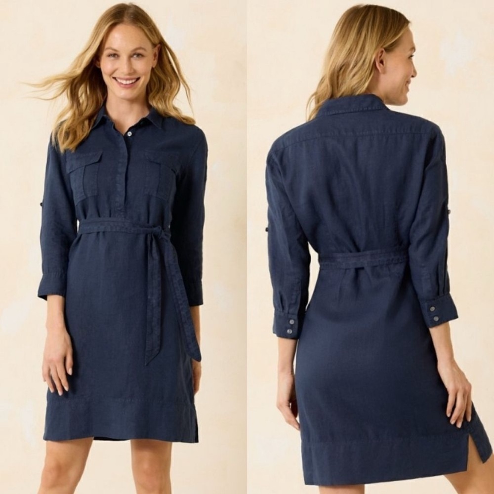 Tommy Bahama Two Palms Patch-Pocket Dark Blue Linen Shirt Dress 3/4 Sleeve Mini